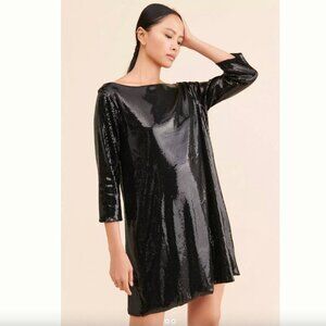 Ripley Rader Sequin Shift Dress Black Open Back Cocktail Mini 3/4 Sleeves Classy